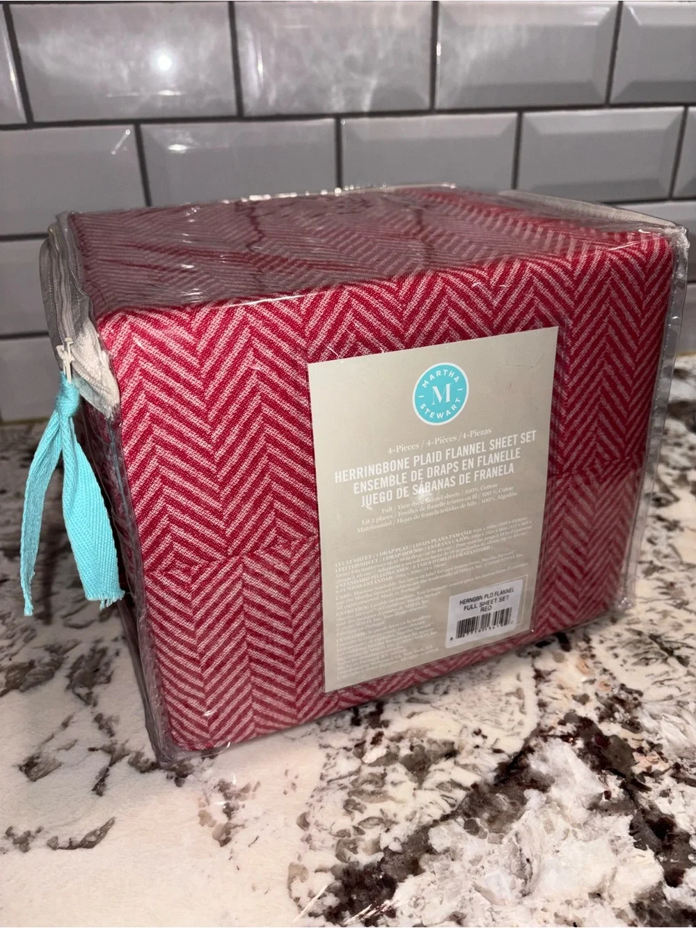🛏️ New Martha Stewart Flannel Herringbone Sheet Set. Full. Red.